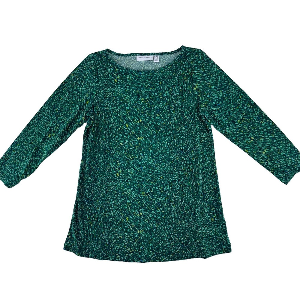 Susan Graver Crew Neck Top Shirt 3/4 Sleeves Size XXS Green Abstract All Over